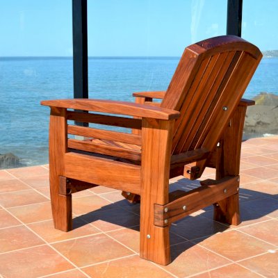 Reclining Redwood Easy Chair (Options: Mature Redwood, No Cushion, Transparent Premium Sealant). Photo shows upright position.