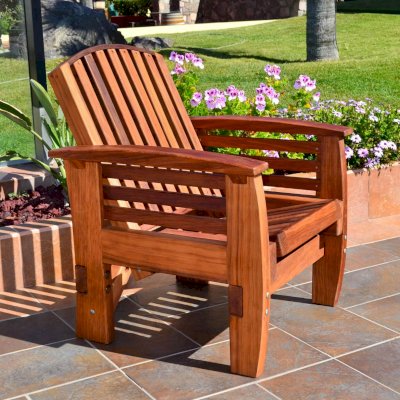 Reclining Redwood Easy Chair (Options: Mature Redwood, No Cushion, Transparent Premium Sealant). Photo shows upright position.