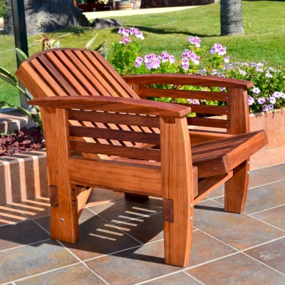 Reclining Redwood Easy Chair (Options: Mature Redwood, No Cushion, Transparent Premium Sealant). Photo shows fully reclined position.