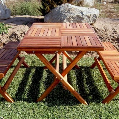 Rectangular Folding Picnic Table (Options: 52.5" L, 35" W, Folding Side Benches, California Redwood, 2 Half Length Benches/Side, Standard Tabletop, Checkerboard Design, Squared Corners, Umbrella Hole & Plug (1 5/8"), Transparent Premium Sealant).