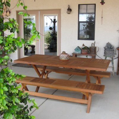 Rectangular Folding Picnic Table (Options: 72" L, 24" W, Folding Side Benches, Old-Growth, 1 Full Length Bench/Side, Seamles Tabletop, Checkerboard Design Tabletop, Squared Corners, No Umbrella Hole, Transparent Premium Sealant). Photo Courtesy of Ms. Christine K. of Twentynine Palms, CA. 
