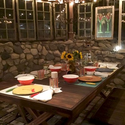Rectangular Folding Picnic Table (Options: 72" L, 35" W, Folding Side Benches, Mosaic Redwood, 2 Full Length Bench/Side, Standard Tabletop, Boards Laid in the Same Direction, Squared Corners, No Umbrella Hole, Transparent Premium Sealant). Photo Courtesy of M. Squyres of Woodland Hills, CA.