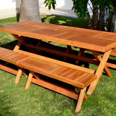 Rectangular Folding Picnic Table (Options: 96" L, 35'' W, Side Benches, Douglas-Fir, 2 Half Length benches/Side, Standard Tabletop, Checkerboard Design Tabletop, Slightly Rounded Corners, No Umbrella Hole, Transparent Premium Sealant). 