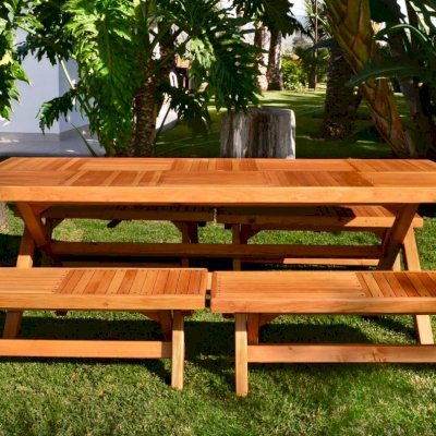 Rectangular Folding Picnic Table (Options: 96" L, 35'' W, Side Benches, Douglas-Fir, 2 Half Length benches/Side, Standard Tabletop, Checkerboard Design Tabletop, Slightly Rounded Corners, No Umbrella Hole, Transparent Premium Sealant). 