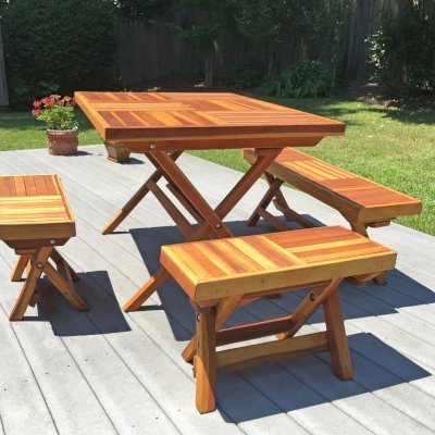 Rectangular Folding Picnic Table (Options: 4 1/2' L, 35" W, Folding Side Benches, California Redwood, 1 Full Length Bench on one Side & 2 Half Length Benches on the Other Side by Custom Request, Standard Tabletop, Checkerboard Design Tabletop, Squared Corners, Umbrella Hole & Plug (1 5/8"), Transparent Premium Sealant). Photo Courtesy of A. Meyerson of Arnold, MD.