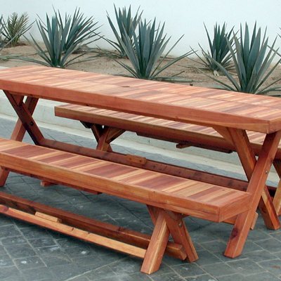 Rectangular Folding Picnic Table (Options: 72" L, 35" W, Folding Side Benches, Redwood, 1 Full Length Bench/Side, Seamless Tabletop, Boards in Same Direction, Squared Corners, Umbrella Hole & Plug (1 5/8"), Transparent Premium Sealant).