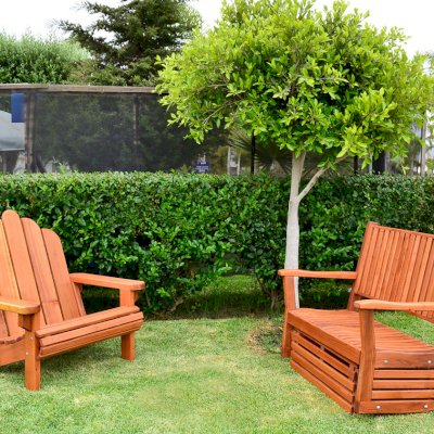 Redwood Adirondack Chair (Options: Extra Wide Size, Redwood, No Cushion, Transparent Premium Sealant). Photo also shows a double porter thayer.