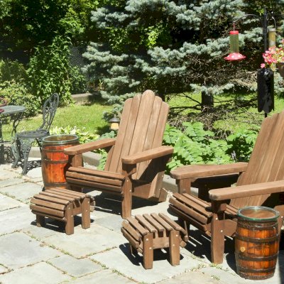 Redwood Adirondack Chair (Options: Standard Size, Old-Growth Redwood, No Cushion, Yes Add Flat Ottoman, Transparent Premium Sealant). Photo courtesy of Rich Ceragioli. 7 year old chairs still looking great! 