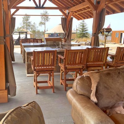 Redwood Cocktail Bar Stools (Options: California Redwood, Standard Backrest, With Arms, Swivel Seat, 29" H, No Cushion, Transparent Premium Sealant). Furniture was made as part of Toledo Pavilion project. Photo Courtesy of R. Barry of Hayden, Colorado.