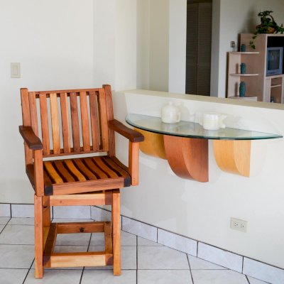 Redwood Cocktail Bar Stool (Options: Redwood, Arms, Swivel Seat, 23" H, No Cushion, Transparent Premium Sealant).