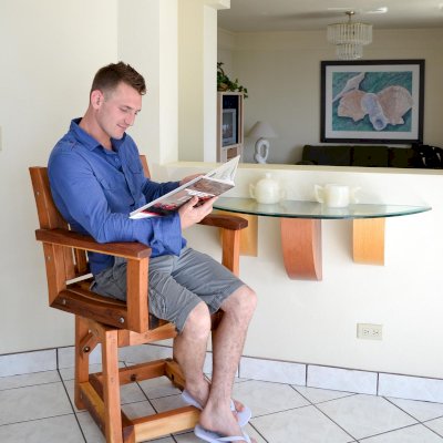 Redwood Cocktail Bar Stool (Options: Redwood, Arms, Swivel Seat, 23" H, No Cushion, Transparent Premium Sealant). Photo Courtesy of Kevin Roach of Sonoma, CA.