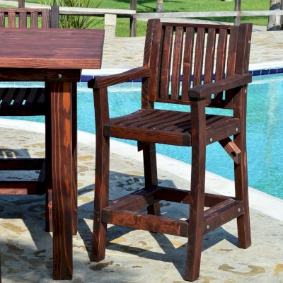 Redwood Cocktail Bar Stool (Options: Redwood, Standard Backrest, With Arms, No Swivel Seat, 29" H, No Cushion, Coffee-Stain Premium Sealant). 