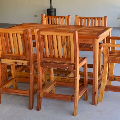 Six Redwood Cocktail Bar Stools (Options: Redwood, 4 with No Arms, 2 with Arms, No Swivel, 29" H, No Cushion, Transparent Premium Sealant. Mix and match with or without arms for the same price.