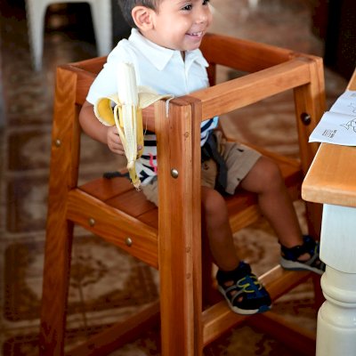 Redwood Restaurant High Chair (Options: California Redwood, 28 inches Tall, No Cushion, Transparent Premium Sealant). Little Dave is 20 Months Old. 