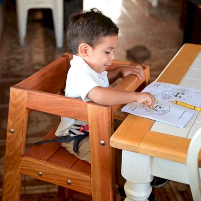 Redwood Restaurant High Chair (Options: California Redwood, 28 inches Tall, No Cushion, Transparent Premium Sealant). Little Dave is 20 Months Old. 