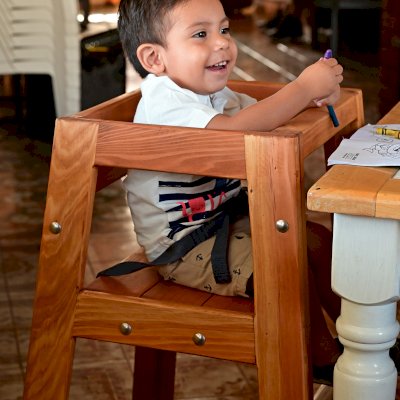 Redwood Restaurant High Chair (Options: California Redwood, 28 inches Tall, No Cushion, Transparent Premium Sealant). Little Dave is 20 Months Old. 
