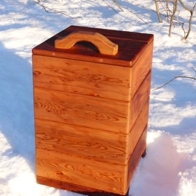Regal Refuse Receptacles (Options: Mature Redwood, Unattached to Receptacle, No Casters, Transparent Premium Sealant). In Comments enter the size you'd like. This box is 18" W x 18" Deep x 24 "H external dimensions not counting handle height). Photographed in gorgeous early winter snow by Mr. Eirik