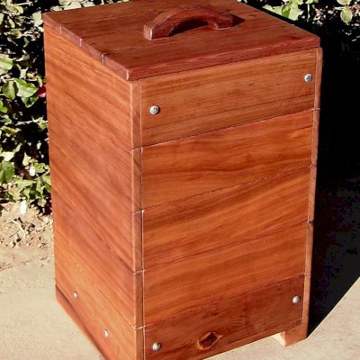 Regal Refuse Receptacles (Options: Old-Growth Redwood, Unattached to Receptacle, No Casters, Transparent Premium Sealant). In Comments enter the size you'd like. This box is 24"W x 24"D x 36"H external dimensions not counting handle height).