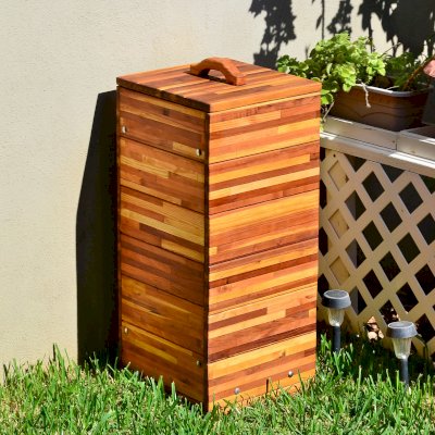 Regal Refuse Receptacles (Options: Custom Size, Mosaic Redwood, 18"W x 18"D x 36"H, Attached to Receptacle, No Casters, Transparent Premium Sealant). 