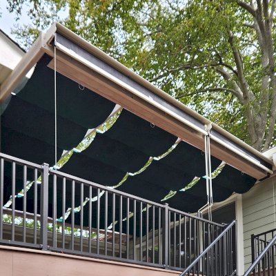 Custom Attached Retractable Canopy Pergola (Options: 18' x 12', California Redwood, No Ceiling Fan Base, No Posts by Custom Request, White Stain Premium Sealant). Photo Courtesy of B. Andrews of Moneta, VA.
