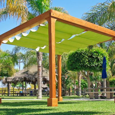 Retractable Canopy Pergola (Options: 12' L x 12' W, No Privacy Panel, Douglas-Fir, 9ft Post Height, No Electrical Wiring Trim, 4-Post Anchor Kit for High-Wind, No Post Decorative Trim, No Ceiling Fan Base, No Curtain Rods Transparent Premium Sealant).