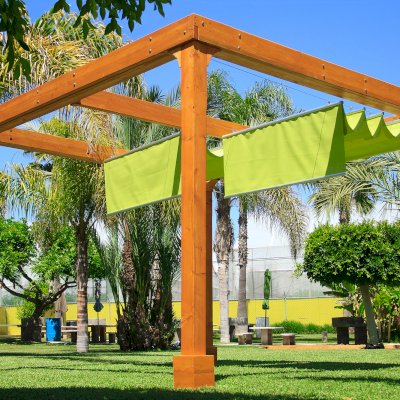 Retractable Canopy Pergola (Options: 12' L x 12' W, No Privacy Panel, Douglas-Fir, 9ft Post Height, No Electrical Wiring Trim, 4-Post Anchor Kit for High-Wind, No Post Decorative Trim, No Ceiling Fan Base, No Curtain Rods Transparent Premium Sealant).