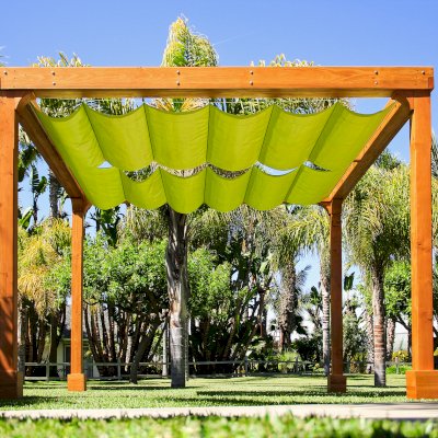 Retractable Canopy Pergola (Options: 12' L x 12' W, No Privacy Panel, Douglas-Fir, 9ft Post Height, No Electrical Wiring Trim, 4-Post Anchor Kit for High-Wind, No Post Decorative Trim, No Ceiling Fan Base, No Curtain Rods Transparent Premium Sealant).