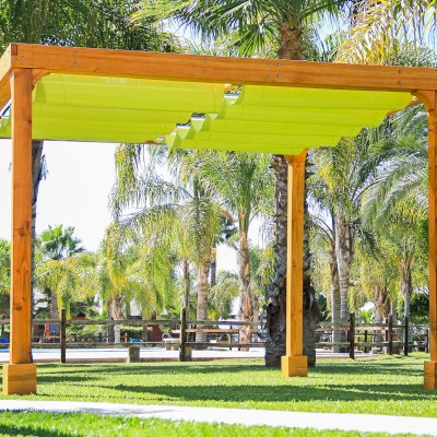 Retractable Canopy Pergola (Options: 12' L x 12' W, No Privacy Panel, Douglas-Fir, 9ft Post Height, No Electrical Wiring Trim, 4-Post Anchor Kit for High-Wind, No Post Decorative Trim, No Ceiling Fan Base, No Curtain Rods Transparent Premium Sealant).
