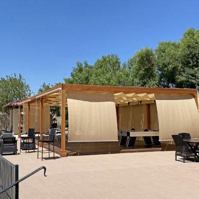 Retractable Canopy Pergola (Options: 24' W x 40' L, Douglas-fir, 8-Post Anchor Kit for Concrete, Transparent Premium Sealant). Photo Courtesy of El Paseo Tennis Club of Valencia, CA.