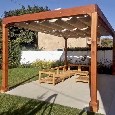 Retractable Canopy Pergola (Options: 18' L x 14' W, No Privacy Panel, California Redwood, 10' Post Height, 1 Electrical Wiring Trim, 4-Post Anchor Kit for Concrete, No Post Decorative Trim, No Ceiling Fan Base, No Curtain Rods Transparent Premium Sealant). Photo Courtesy of D. Evans of Los Angeles, California.
