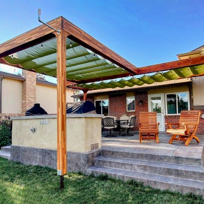 Custom T Shape Retractable Canopy Pergola (Options: 21' x 24', Mosaic Redwood & California Redwood, 11' H Posts, Post Anchor Kit for Concrete, Transparent Premium Sealant). Photo Courtesy of D. Borncamp of Westminster, CO.