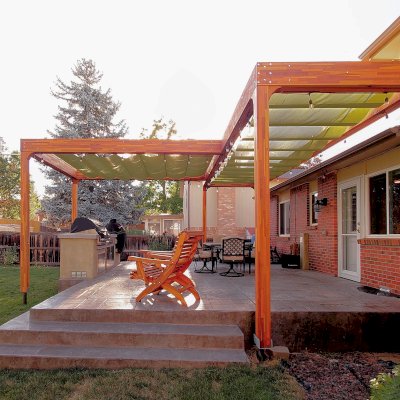 Custom T Shape Retractable Canopy Pergola (Options: 21' x 24', Mosaic Redwood & California Redwood, 11' H Posts, Post Anchor Kit for Concrete, Transparent Premium Sealant). Photo Courtesy of D. Borncamp of Westminster, CO.