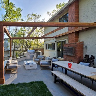 Retractable Canopy Pergola (Options: 20' x 16', California Redwood, No Ceiling Fan Base, 9.5' Posts, No Electrical Wiring Trim Kit, 2-Post Anchor Kit for High Wind, Transparent Premium Sealant). Photo Courtesy of J. Green of Walnut Creek, CA.