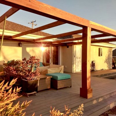 Retractable Canopy Pergola (Options: 25' L x 16' W, Attached to House by Custom Request, No Privacy Panel, California Redwood, 8" x 8" Posts by Custom Request, 8.5 ft Post Height, No Electrical Wiring Trim, No Ceiling Fan Base, No Curtain Rods, Transparent Premium Sealant). Photo Courtesy of J. Kennedy of San Jose, California.