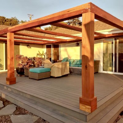 Retractable Canopy Pergola (Options: 25' L x 16' W, Attached to House by Custom Request, No Privacy Panel, California Redwood, 8" x 8" Posts by Custom Request, 8.5 ft Post Height, No Electrical Wiring Trim, No Ceiling Fan Base, No Curtain Rods, Transparent Premium Sealant). Photo Courtesy of J. Kennedy of San Jose, California.