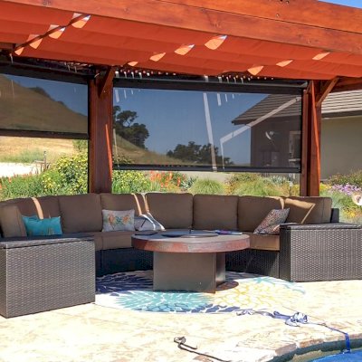 Custom Retractable Canopy Pergola (Options: 20' x 12', Mature Redwood, Posts Anchor Kit for High-Wind, Extra Thick Lumber by Custom Request, Transparent Premium Sealant). Retractable Motorized Shade is a Sunroll from Sunesta Retractable Screens, for more information: https://www.sunesta.com/products/the-sunroll. Photo Courtesy of D. Ruprecht of Hollister, CA.