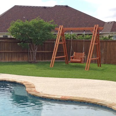 Rory's Armchair Swing Set (Options: Douglas-fir, Classic Design Seat, No Engraving, Transparent Premium Sealant). Photo Courtesy of M. Romero of Nolanville, Texas. 