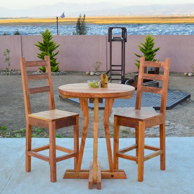 Round Cocktail Table (Options: XL Round Cocktail Table, Ladderback Stools, Douglas-fir, 29" H Seat, No Cushion, 42" H Table, Standard Tabletop, Transparent Premium Sealant).