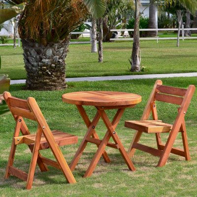 Round Folding Table (Options: Small 30 inch Diameter, 2 Folding Chairs, California Redwood, No Cushions, Standard Tabletop, Checkerboard Design Tabletop, No Umbrella Hole, Transparent Premium Sealant). 