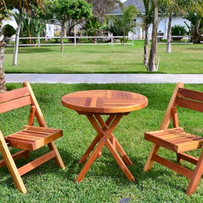 Round Folding Table (Options: Small 30 inch Diameter, 2 Folding Chairs, California Redwood, No Cushions, Standard Tabletop, Checkerboard Design Tabletop, No Umbrella Hole, Transparent Premium Sealant). 