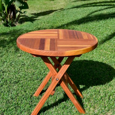 Round Folding Table (Options: Small 30 inch Diameter, No Seating, California Redwood, Standard Tabletop, Checkerboard Design Tabletop, No Umbrella Hole, Transparent Premium Sealant). 