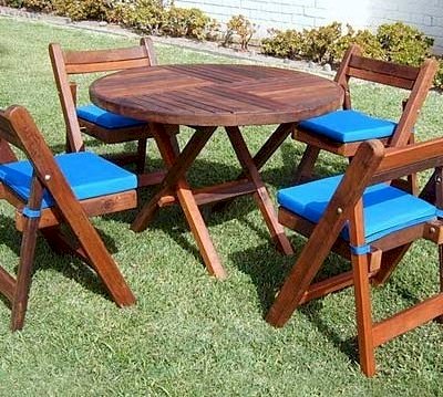 Round Folding Table (Options: 42", 4 Folding Chairs, Old-Growth Redwood, Custom Seat Cushions, Standard Tabletop, Checkerboard Design Tabletop, Visible Screw Placement, No Umbrella Hole, Transparent Premium Sealant).