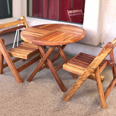Round Folding Table (Options: Small 30 inch Diameter, 2 Folding Chairs, California Redwood, No Cushions, Standard Tabletop, Checkerboard Design Tabletop, No Umbrella Hole, Transparent Premium Sealant). Photo Courtesy of L. Tucson, AZ.