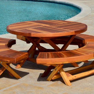 Round Folding Wood Table for Kids (Options: 42" Diameter, Redwood, 3 Folding Benches, No Umbrella Hole, Standard Tabletop, Transparent Premium Sealant).