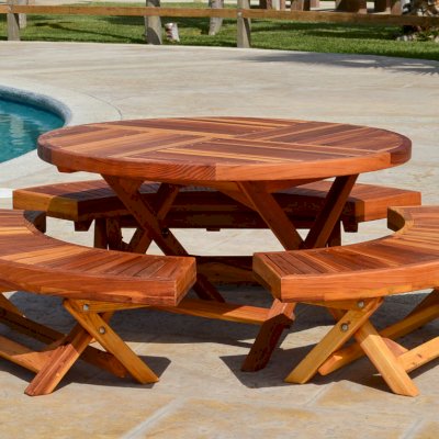 Round Folding Wood Table for Kids (Options: 42" Diameter, Redwood, 3 Folding Benches, No Umbrella Hole, Standard Tabletop, Transparent Premium Sealant).