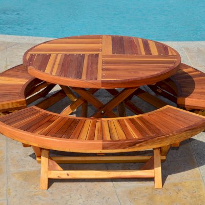Round Folding Wood Table for Kids (Options: 42" Diameter, Redwood, 3 Folding Benches, No Umbrella Hole, Standard Tabletop, Transparent Premium Sealant).