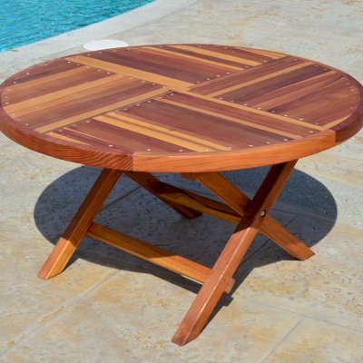 Round Folding Wood Table for Kids (Options: 42" Diameter, Redwood, No Seating, No Umbrella Hole, Standard Tabletop, Transparent Premium Sealant).