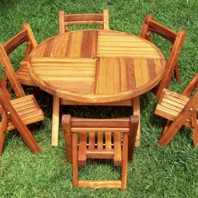 Round Folding Wood Table for Kids (Options: 39" Diameter, Redwood, 6 Folding Chairs, Umbrella Hole & Plug, Seamless Tabletop, Transparent Premium Sealant).