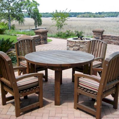 Round Outdoor Patio Table (Options: 4.5 ft, 4 Chairs, Old-Growth Redwood , Luna Chair Style, 4 Custom Color Cushions, Arm Chairs Only,  Standard Tabletop, No Lazy Susan, Umbrella Hole, Coffee-Stain Premium Sealant). Photo Courtesy of Guy S. of Savannah, GA.