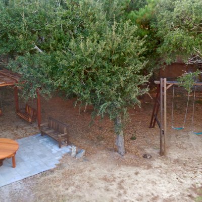 Round Outdoor Patio Table (Options: 6.5 ft, No Seating, Redwood, Standard Tabletop, No Lazy Susan, No Umbrella Hole, Transparent Premium Sealant). Photo Also Shows an Arched Pergola with 3 Bench Swings, a Ti Amo Bench and a Giant Rory's Swing. Photo Courtesy of Tom Marten of Kitty Hawk, NC.